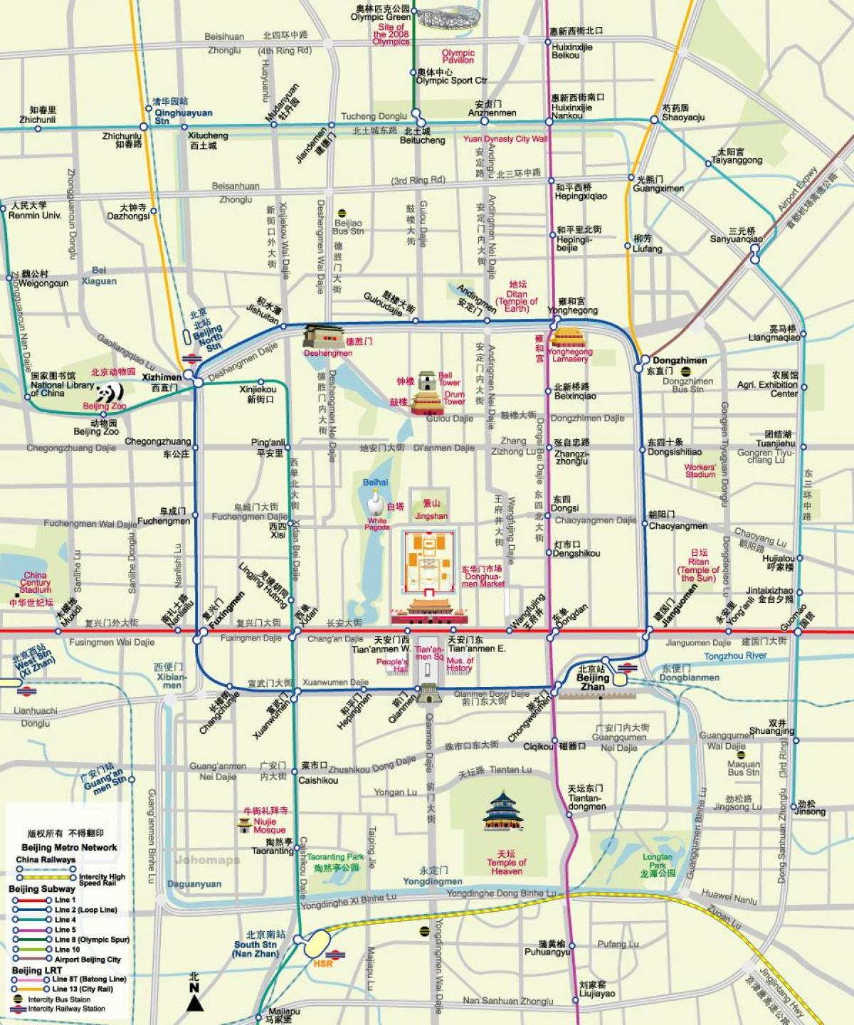 kart Pekinin metro xəritəsi, görməli yerləri ilə